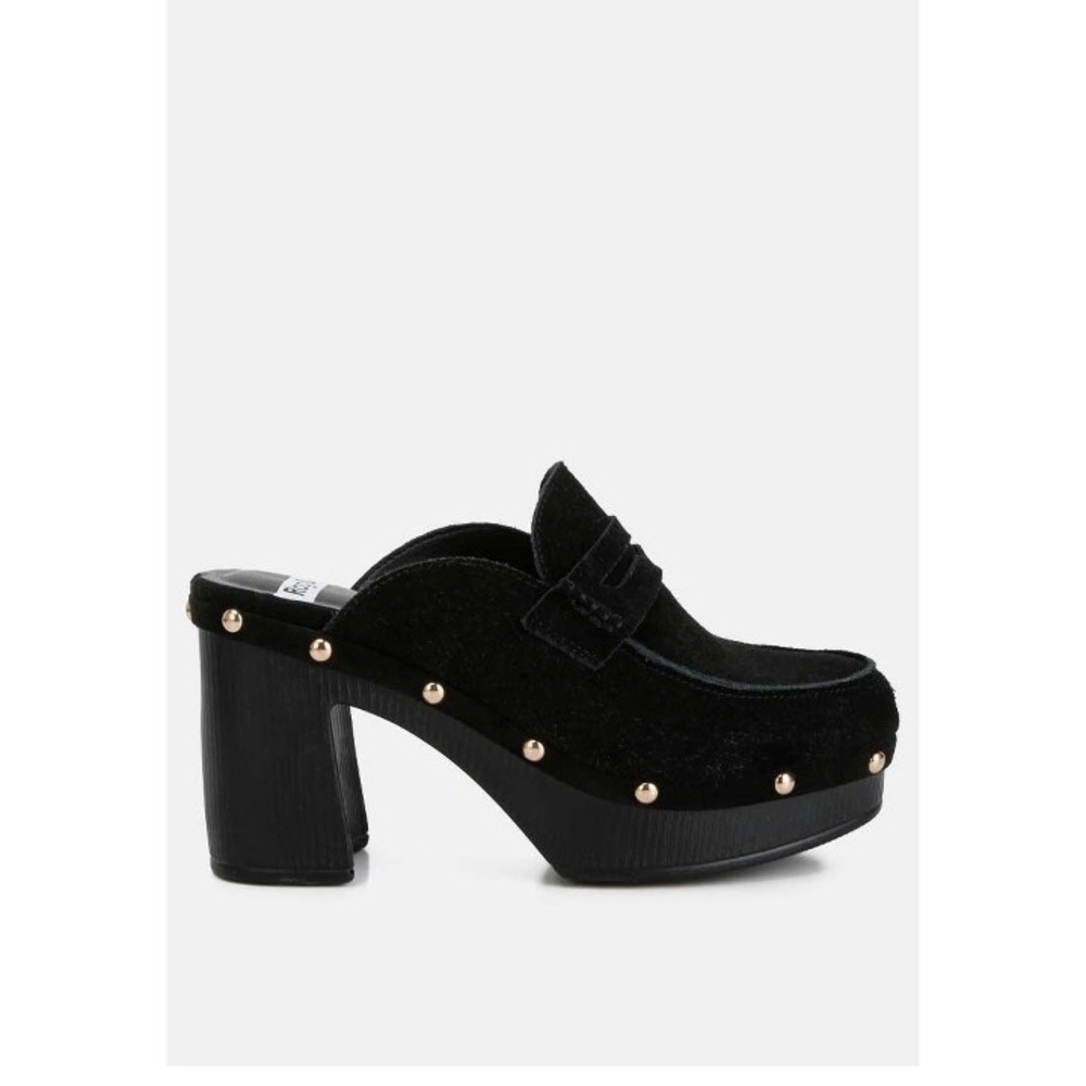 Rag &Co Riley Genuine Suede Black With Gold Studs.Platform Mules